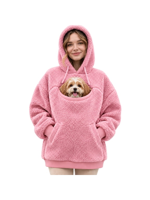 Women's Pet Dog Pouch Hoodie, Oversized Dog Carrier Sweatshirt with Large Pocket, Long Sleeve Fleece Dog Hoodie & Cozy Winter Clothes, Pink XL