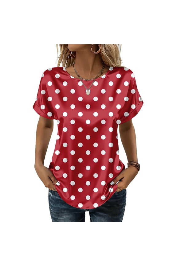 Women's Red Satin Blouse with Polka Dots, Crew Neck Dolman Sleeve Silk-Like Top, Casual Summer Fashion T-Shirt, Elegant Tee