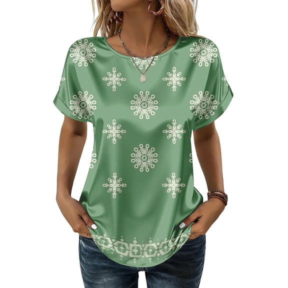 laqbezok Women's Warm Paisley Floral Satin Blouse, Crew Neck Dolman Sleeve Silk-Like Top, Casual Summer Fashion T-Shirt, Elegant Tee