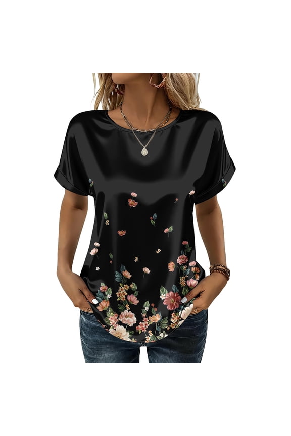 Women's Watercolor Floral Satin Blouse, Crew Neck Dolman Sleeve Silk-Like Top, Casual Summer Fashion T-Shirt, Elegant Tee