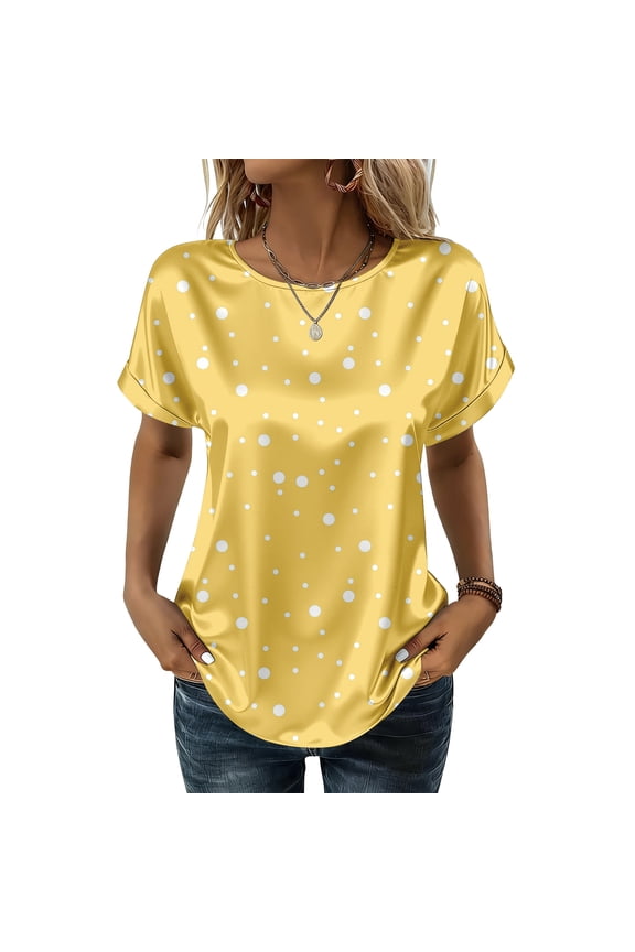 Women's Yellow Polka Dot Satin Blouse, Crew Neck Dolman Sleeve Silk-Like Top, Casual Summer Fashion T-Shirt, Elegant Evening Tee