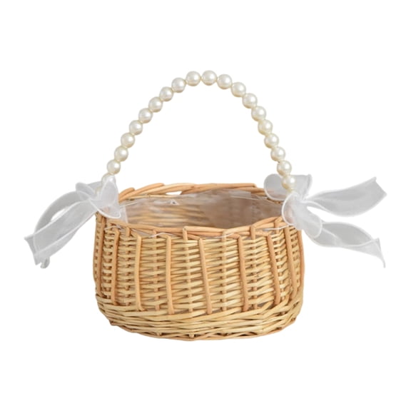 laqbezok Woven Wicker Basket with Pearl Handle & Sheer Ribbon Bows, Elegant Flower Girl Basket for Weddings, Rustic Chic Gift Basket & Decorative Home Organizer