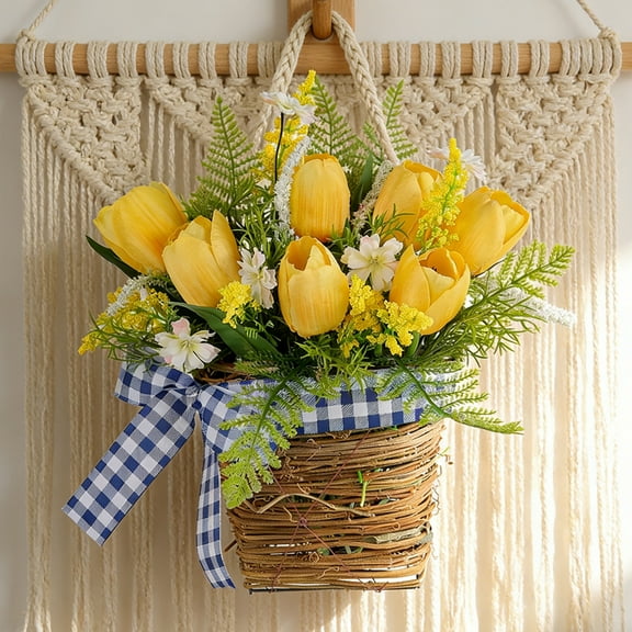 laqbezok Yellow Tulips Door Hanger Basket Wreath, 12.2" Spring Summer Artificial Tulips Wreath with Green Leaves, Artificial Tulips Fake Flower Basket Wreath for Outdoor Indoor Front Door Decor