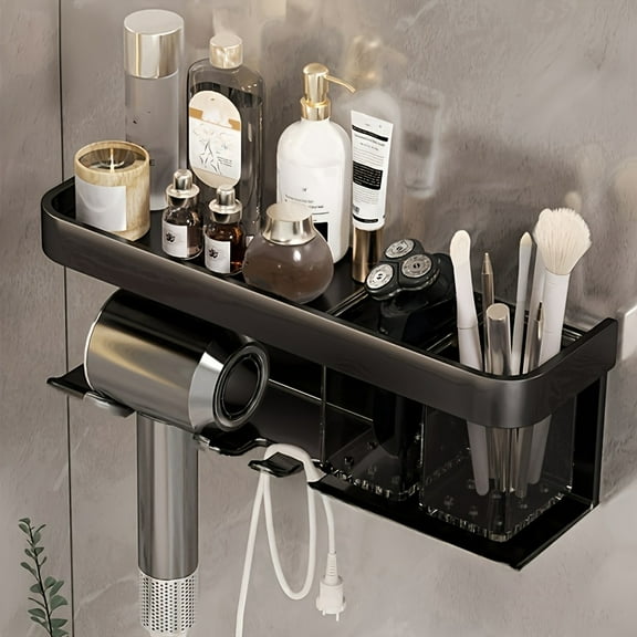 A large-capacity aluminum hair dryer rack with two square cups, wall-mounted, can be installed on the wall or with holes, hair dryer, shaver, toothbrush, and cosmetic storage rack