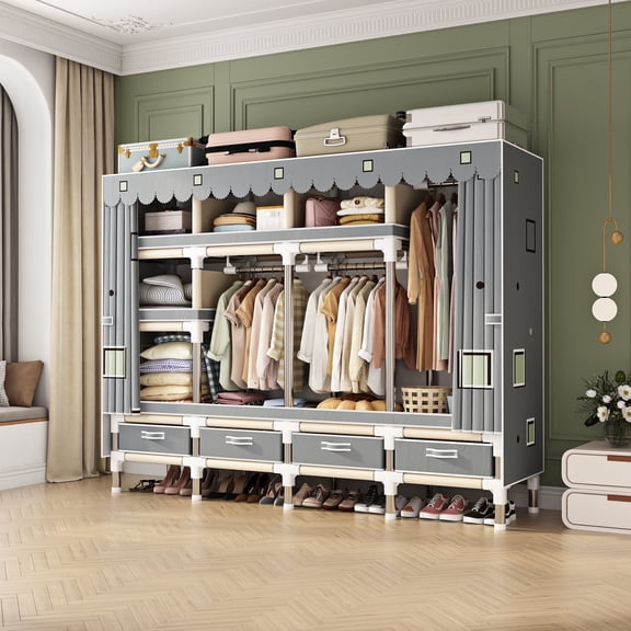 A large-capacity, dust-proof, and minimalist wardrobe with 5 storage spaces, and 3 hanging areas, suitable for family use, bedrooms, rental houses and student hostels.