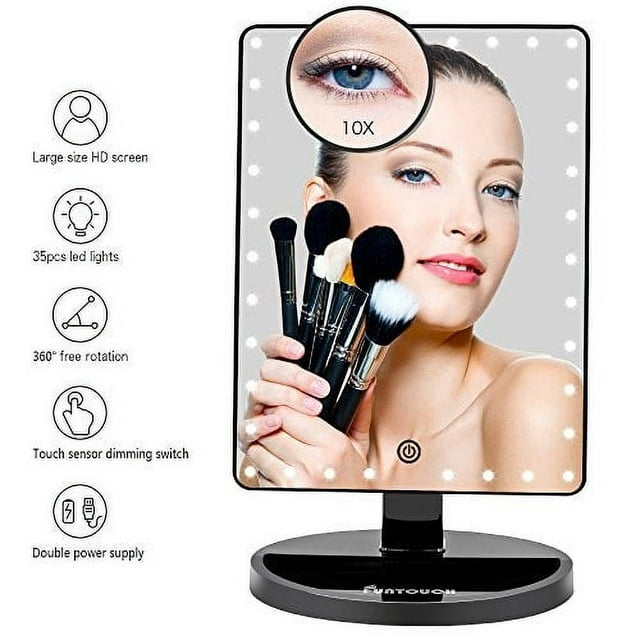 large lighted vanity makeup mirror (x-large model), funtouch light up mirror with 35 led lights, touch screen and 10x magnification mirror, 360 rotation tabletop cosmetic mirror (black)