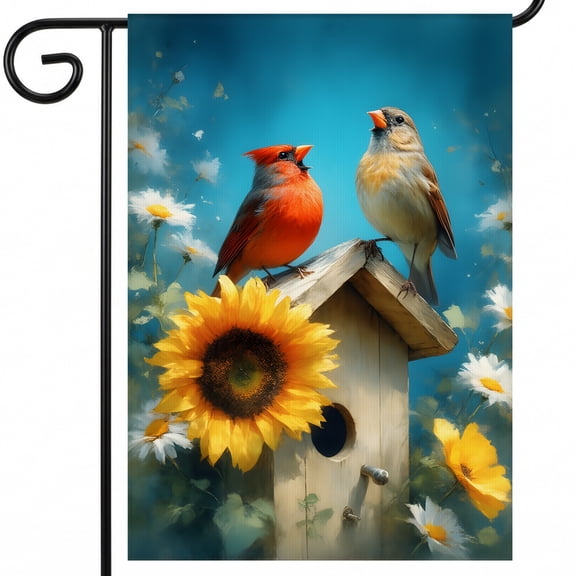 large outdoor flags 28x40 double sided summer A couple of birds sitting on top of a birdhouse. . seasonal outdoor flags 28 x 40 Inches for BBQ Area Decoration