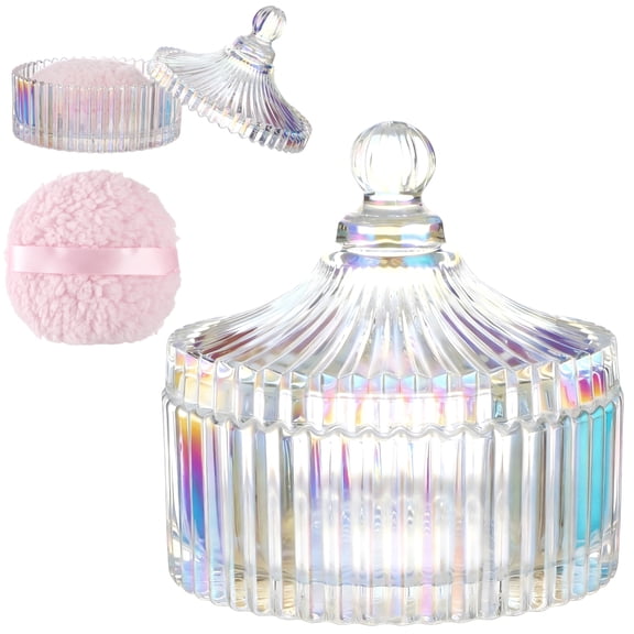 2 PCS Large Body Powder Puff with Glass Jar Set, Soft Washable Powder Puff for Face and Body, Reusable Puff with Ribbon Band for Makeup Glitter and After-Bath Care