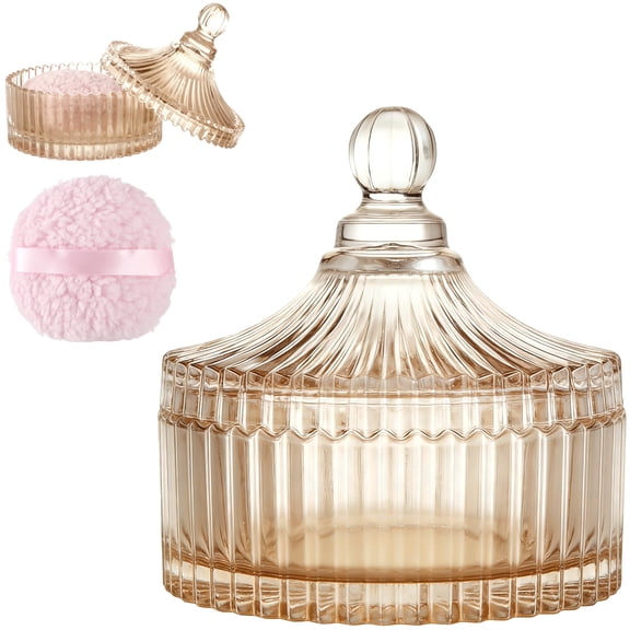 2 PCS Large Body Powder Puff with Glass Jar Set, Soft Washable Powder Puff for Face and Body, Reusable Puff with Ribbon Band for Makeup Glitter and After-Bath Care