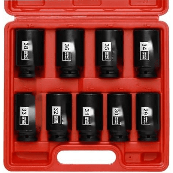 large socket set 1/2- Inch Drive Deep Spindle Axle Nut Impact Socket Set, 6 Point, CR-MO, Metric, 29mm-38mm, 9-Piece 1/2" Dr. Deep Impact Socket Set$$