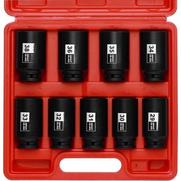 large socket set 1/2- Inch Drive Deep Spindle Axle Nut Socket Set, 6 Point, CR-MO, Metric, 29mm-38mm, 9- 1/2" Dr. Deep Socket Set