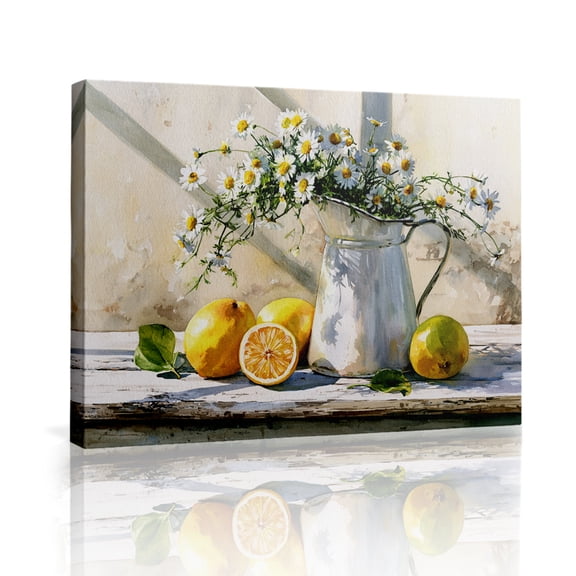 Topbout Art French Country Lemon Daisy Pitcher Canvas Art Gallery Wrapped - Kitchen Dining