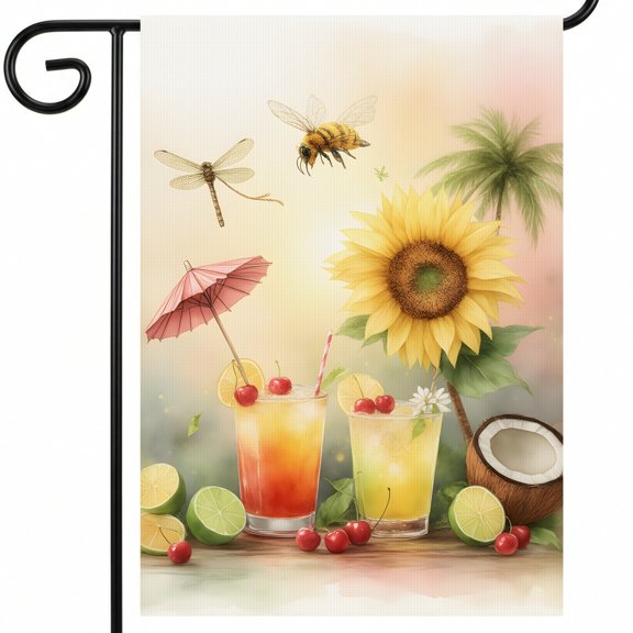 large summer flags for outside A painting of two glasses of drinks with sunflowers limes cherries and an umbrella. C outside decorations 28 x 40 Inch House Banner for Garden Sanctuary Decor