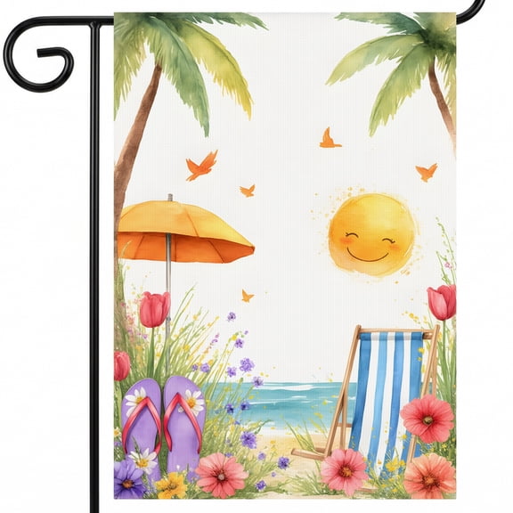 large summer flags for outside A watercolor painting of a beach scene with a smiley face. - yard flags for outside 28x40in Full Size for Outdoor Living Space