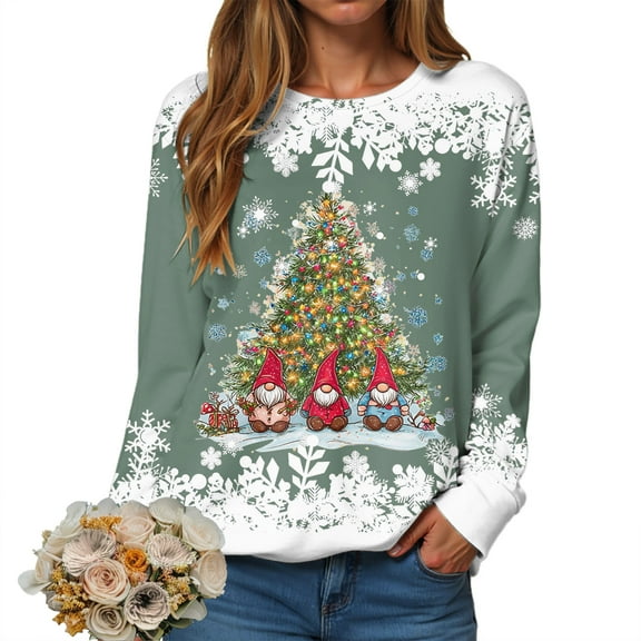 larppty 2025 Christmas Sweatshirts for Women Long Sleeve Xmas Tree Graphic Sweatshirts Tunic Tops Funny Holiday Ugly Sweater Gifts (Light Green, L)