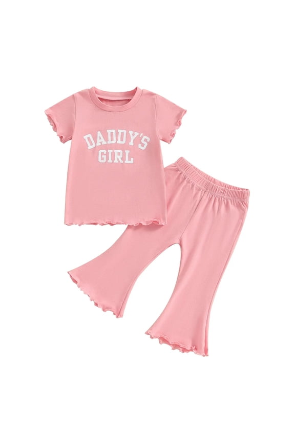 2Pcs Toddler Baby Girl Back To School Outfit ABC T-Shirt Bell Bottom Pants Set Summer First Day of School Clothes Pink for boys 2-3 Years