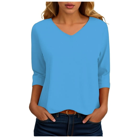 larppty 3/4 Length Sleeve Womens Tops Trendy Solid Color V neck T Shirts Summer Basic Tunic Tees Casual Dressy Blouses（Light Blue，XXL）
