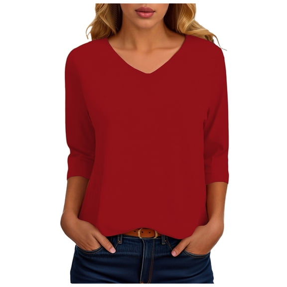 larppty 3/4 Length Sleeve Womens Tops Trendy Solid Color V neck T Shirts Summer Basic Tunic Tees Casual Dressy Blouses(Red,XL)