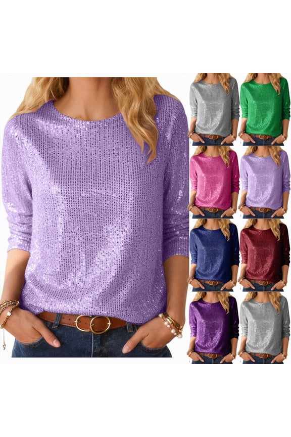 3/4 Sleeve Sequin Tops for Women Shimmer Embellished Sparkle Glitter Dressy Casual Blouses Trendy Tunic Tshirts (Purple, M)