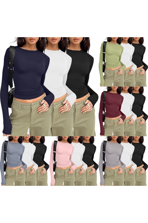 3 Pack Womens Long Sleeve T Shirts Fall Fashion Basic Going Out Crop Tops Slim Fitted Winter Clothes 2025(Dark Gray,XS)