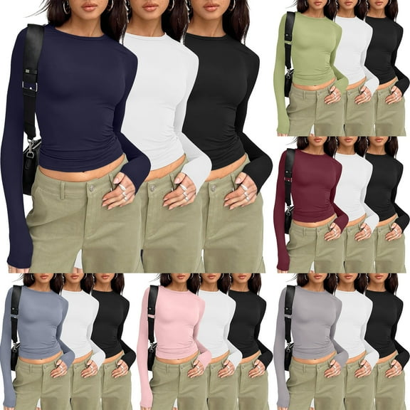 larppty 3 Pack Womens Long Sleeve T Shirts Fall Fashion Basic Going Out Crop Tops Slim Fitted Winter Clothes 2025(Dark Gray,XS)