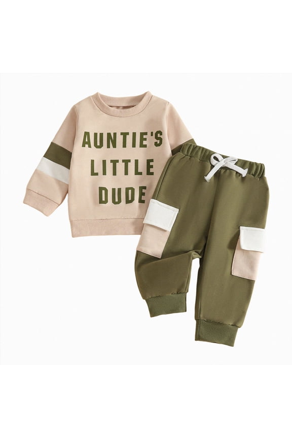 Aunties Little Dude Baby Outfit Toddler Boy Long Sleeve Letter Sweatshirt Top and Pants Set Infant Fall Winter Clothes(6-12 Months,Army Green)