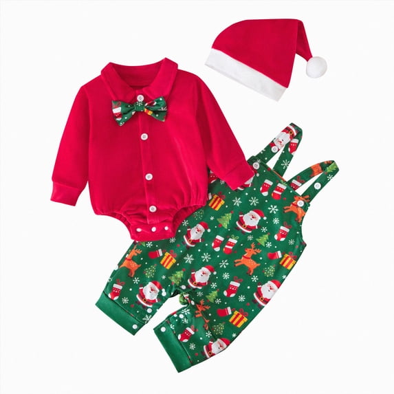 larppty Baby Boy Christmas Outfit My First Christmas Infant Gentleman Romper with Bow Tie Suspender Pants Hat 3PCS Set