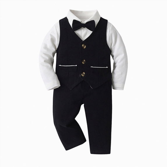 larppty Baby Boy Clothes Suits Infant Gentleman Wedding Outfit Formal Dress Shirt Vest Bowtie Pants 4Pcs Baby Suit Sets (Black,3-6 Months)