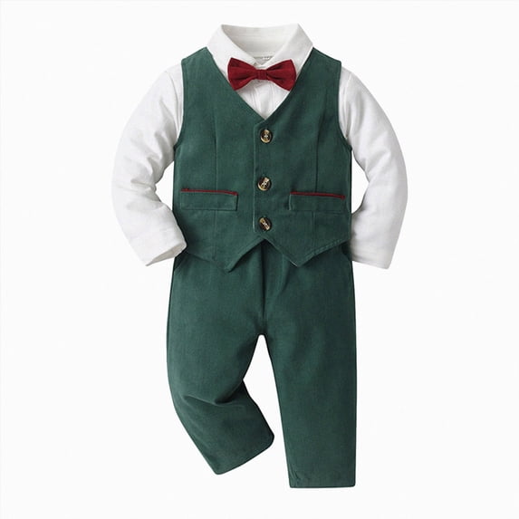 larppty Baby Boy Clothes Suits Infant Gentleman Wedding Outfit Formal Dress Shirt Vest Bowtie Pants 4Pcs Baby Suit Sets (Green,12-18 Months)