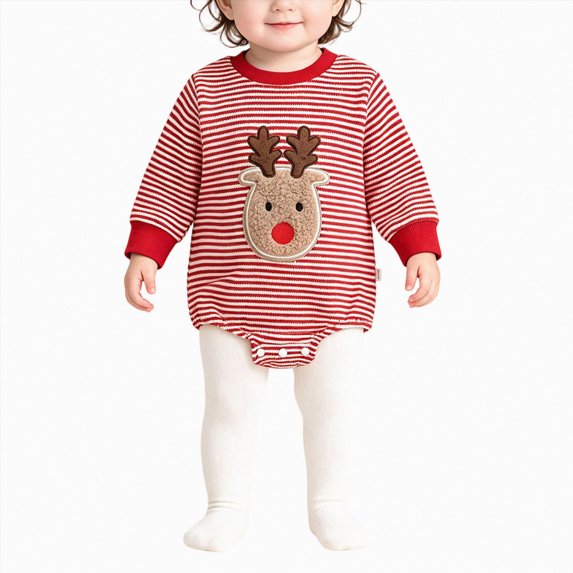larppty Baby Boy Girl Christmas Outfit Embroidery Striped Sweatshirt Romper Waffle Knit Long Sleeve Fall Bodysuit Jumpsuit