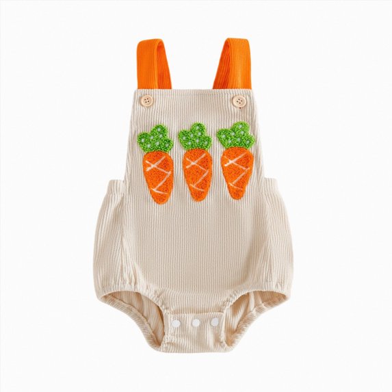 larppty Baby Boy Girl Easter Outfit Sleeveless Carrot Embroidery Bubble Romper Overalls Newborn Onesie Easter Clothes (Z02-Beige, 12-18 Months)