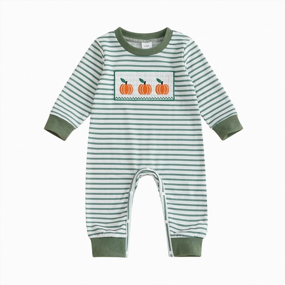 larppty Baby Boy Girl Halloween Outfit Pumpkin Embroidery Stripe Romper Jumpsuit Bodysuit Fall Winter Clothes