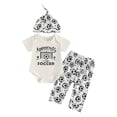 thumbnail image 1 of larppty Baby Boy Girl Soccer Outfit Apparently I Like Soccer Short Sleeve Bodysuit Printed Pants Hat Set 3pc Clothes (Black,0-3 Months), 1 of 9