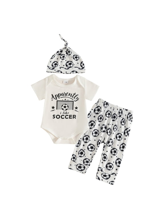Baby Boy Girl Soccer Outfit Apparently I Like Soccer Short Sleeve Bodysuit Printed Pants Hat Set 3pc Clothes (Black,0-3 Months)