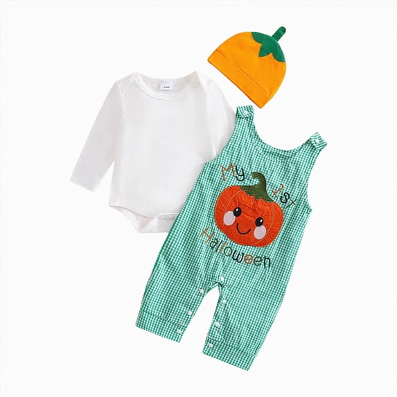 larppty Baby Boy Halloween Outfit Newborn Romper+Plaid Shamrock Overalls+Hat 3Pcs Babys First Halloween Outfit