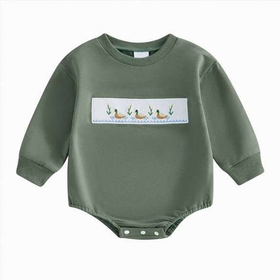larppty Baby Boy Hunting Outfit Duck Embroidery Baby Romper Long Sleeve Crew Neck Bodysuit Newborn Infant Fall Clothes