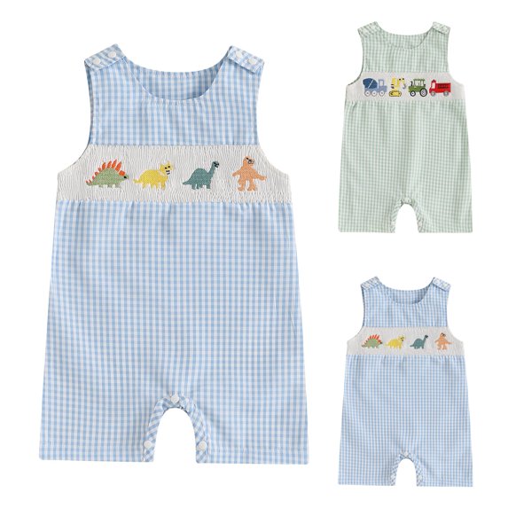 larppty Baby Boy Summer Clothes Sleeveless Embroidery Fishing Gingham Romper Jumpsuit Retro Smocked Shortall(Green, 6-12 Months)