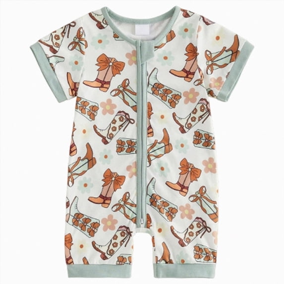 larppty Baby Boy Western Clothes Cowboy Outfit Summer Newborn Horse Print Short Sleeve Romper Infant Country Zipper Jumpsuit