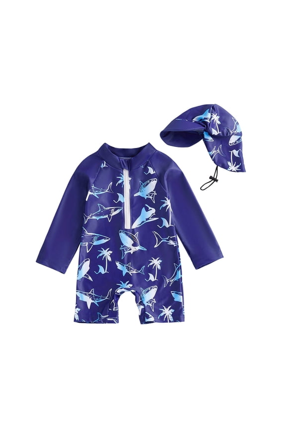 Baby Boys Swimsuit One Piece Long Sleeve Rash Guard Zipper Bathing Suit Swimwear with Sun Cap Beachwear (Blue,2-3 Years)