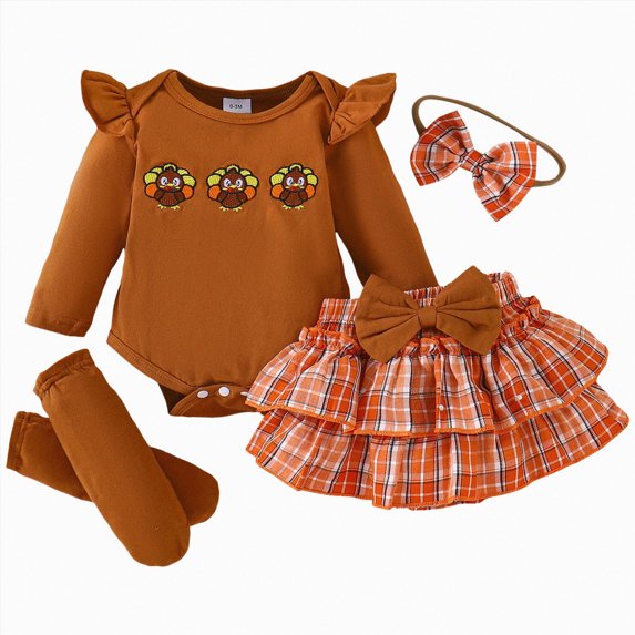 larppty Baby Girl 4pcs Halloween Outfit Sets Long Sleeve Ghost Embroidery Romper,Grid Skirt with Headband and Stockings(0-3 Months,Brown)