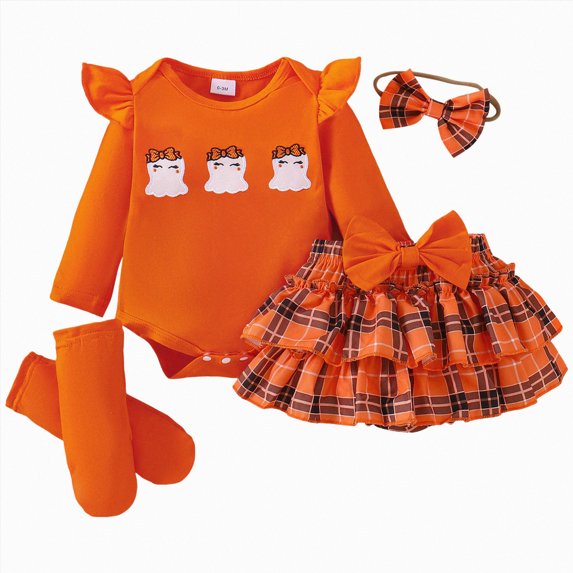 larppty Baby Girl 4pcs Halloween Outfit Sets Long Sleeve Ghost Embroidery Romper,Grid Skirt with Headband and Stockings(12-18 Months,Orange)