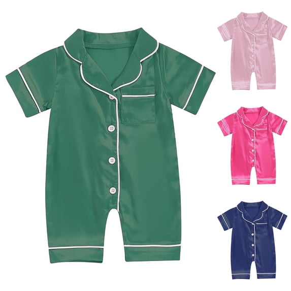 larppty Baby Girl Boy Summer Button Down Silk Satin Pajamas Romper One-Piece Jumpsuit Short Sleeve Nightgown Pjs Sleepwear(Purple, 0-3 Months)