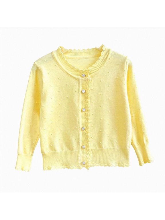 Baby Girl Cardigan Button Front Crop Sweater Long Sleeve Spring Fall Tops | Solid Color, Crew Neck, Long Sleeve, Knit, Spring Fall, Button Front (Yellow,4-5 Years)