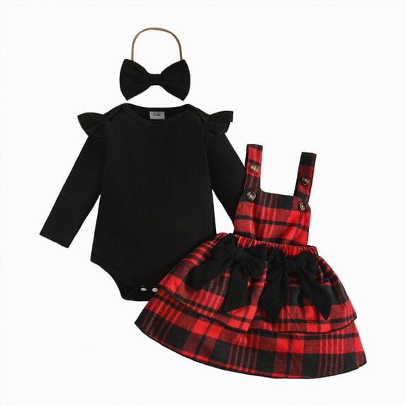 larppty Baby Girl Christmas Clothes Plaid Outfits Long Sleeve Romper Overall Skirt Dress Cute Newborn Outfit(3-6 Months,Black)