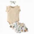 thumbnail image 1 of larppty Baby Girl Clothes Cute Summer Infant Outfits Ruffle Sleeveless Knit Romper + Floral Bow Bloomers Shorts + Headband (Z02-Beige, 6-9 Months), 1 of 7