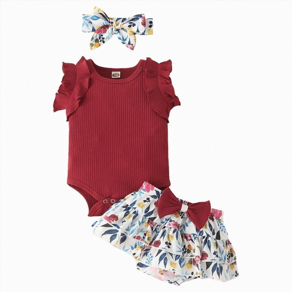 larppty Baby Girl Clothes Infant Summer Outfits Set Ruffle Sleeve Romper and Floral Shorts with Headband (Z02-Wine, 3-6 Months)