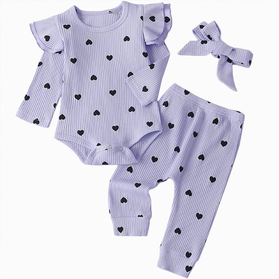 larppty Baby Girl Clothes Newborn Infant Fall Winter Outifts Ribbed Ruffle Long Sleeve Romper Pant Outfit Set 3pcs (Z04-Light Purple, 0-3 Months)
