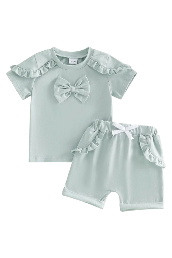 Baby Girl Summer 2-Piece Pajama Set, Mint Green Ruffled Bow Top & Shorts, Soft Cotton Sleepwear for Infants Ages 6M-3Y(Light Green, 0-6 Months)