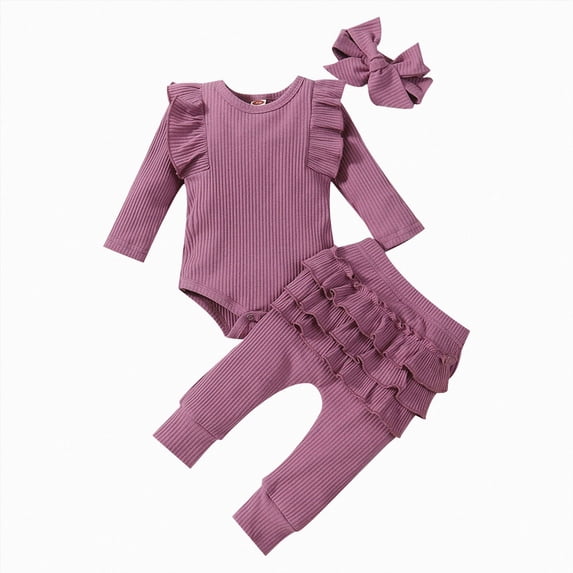 larppty Baby Girl's 3pc Rib Frill Long Sleeve Romper and Pant Set(18-24 Months,Purple)