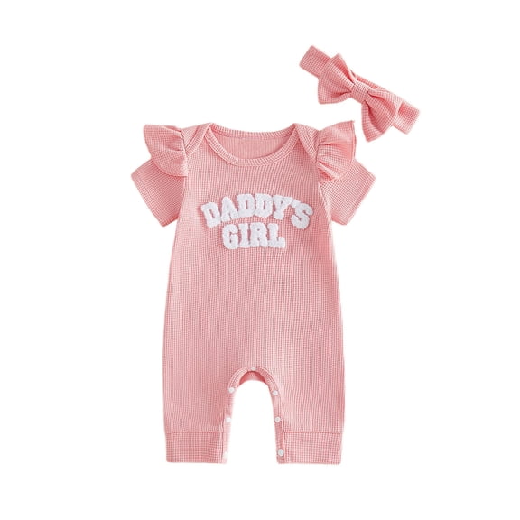 larppty Baby Girls Summer Clothes Daddy's Girl Embroidery Ruffle Jumpsuit Bubble Romper Bodysuit Shorts Outfits (Pink,3-6 Months)